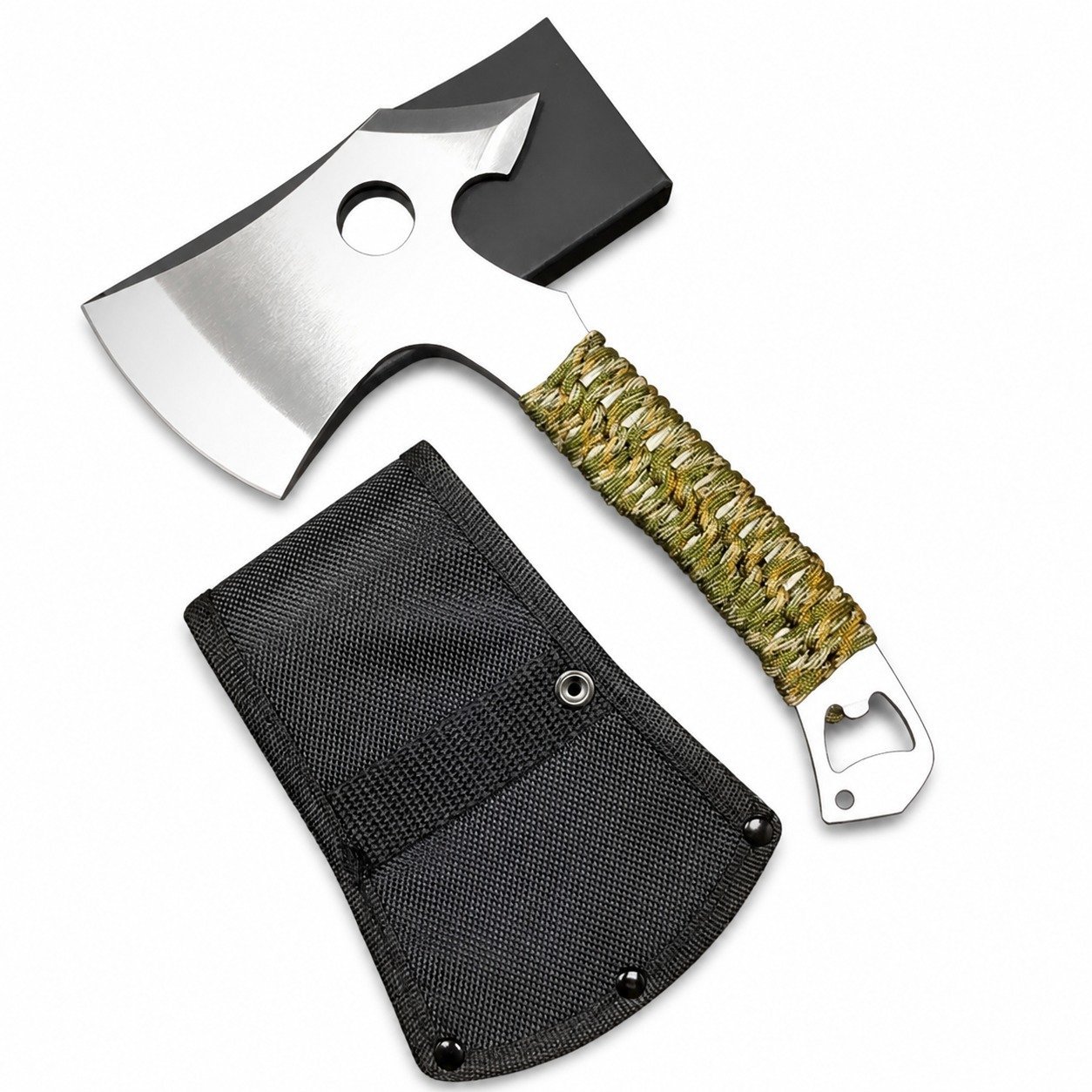 18360-main-white-clean Multifunktionaler Survival-Axt-Flaschenöffner, gebunden mit siebenkerniger Tarn-Fallschirm-Campingaxt